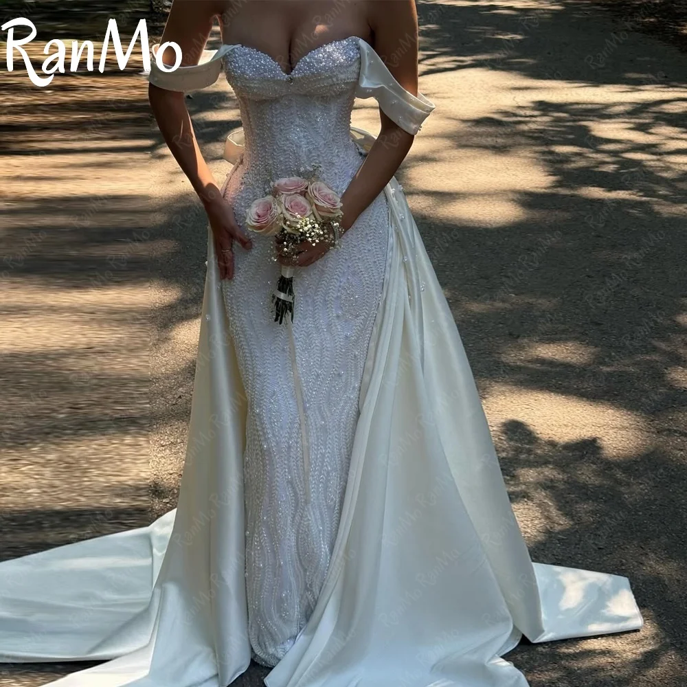 

Ranmo New 2025 Luxury Wedding Dress Sweetheart Off Shoulder Beaded Lace Bow Vestido de novia Pearl Bridal Gown Corset Customised