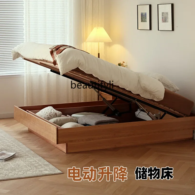X Modern Minimalist Electric Box Bed Nordic Cherry Wood Solid Wood Bed Storage Bed