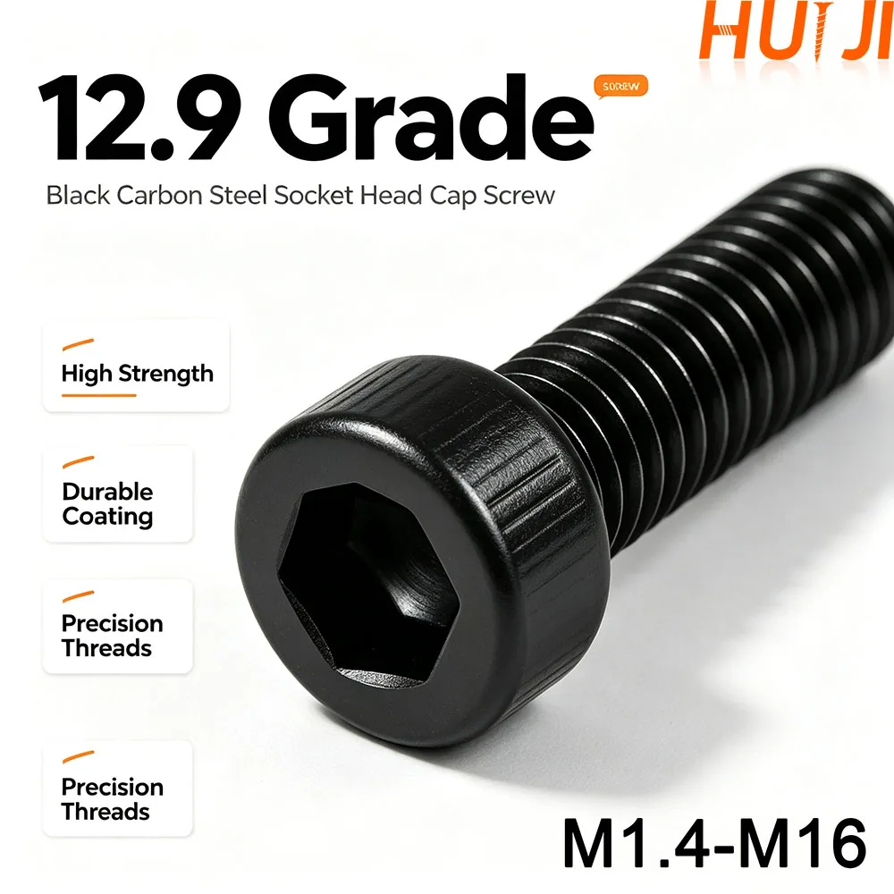 Hexagon Socket Cup Head Bolt 12.9 Grade Black Carbon Steel DIN912 Hex Socket Head Cap Screw Allen Key Machine Screws M1.4-M16
