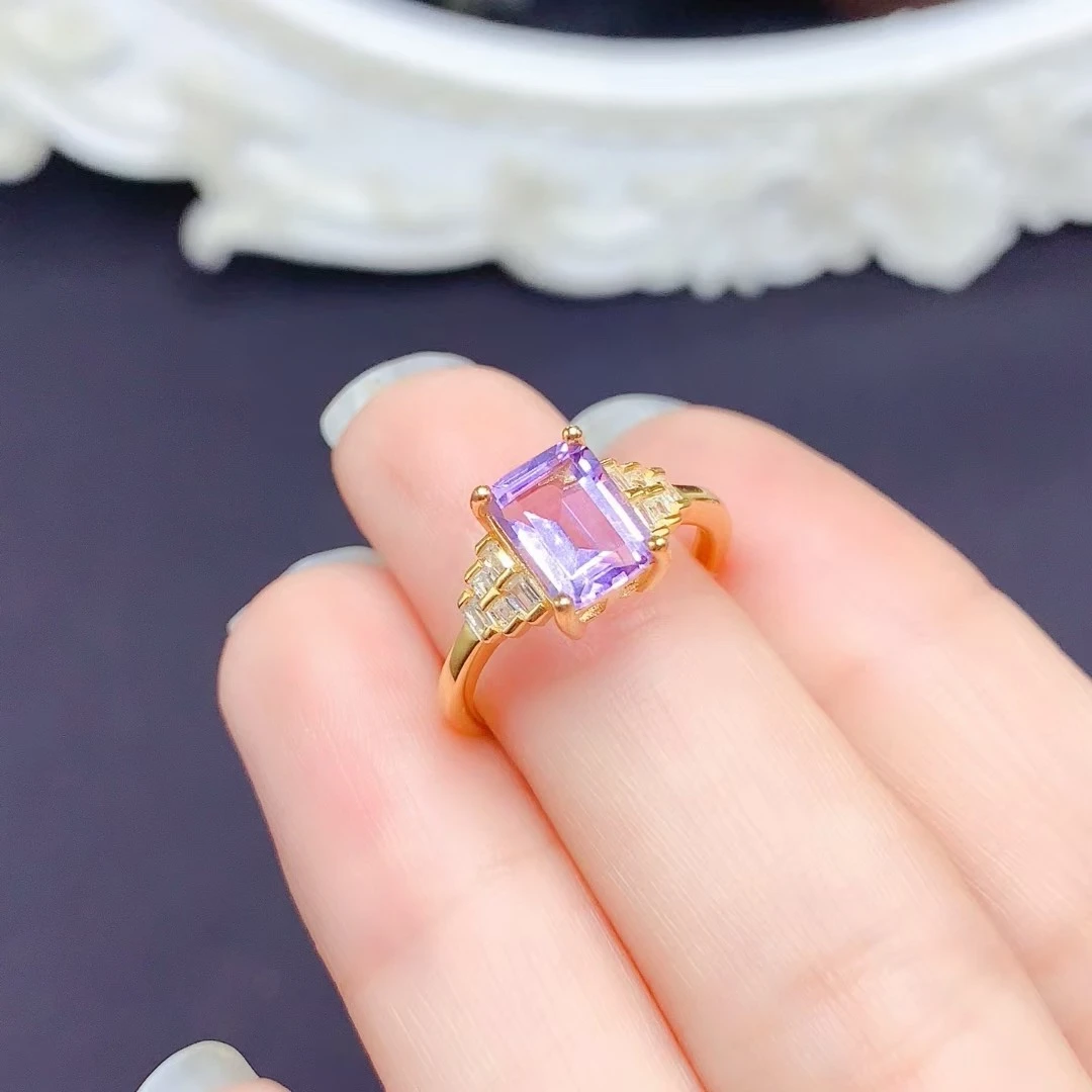 18K مطلية بالذهب جمشت الدائري 1.2ct 6 مللي متر * 8 مللي متر VVS الصف الجمشت الطبيعي خاتم فضة للنساء مكتب 925 الفضة كريستال مجوهرات