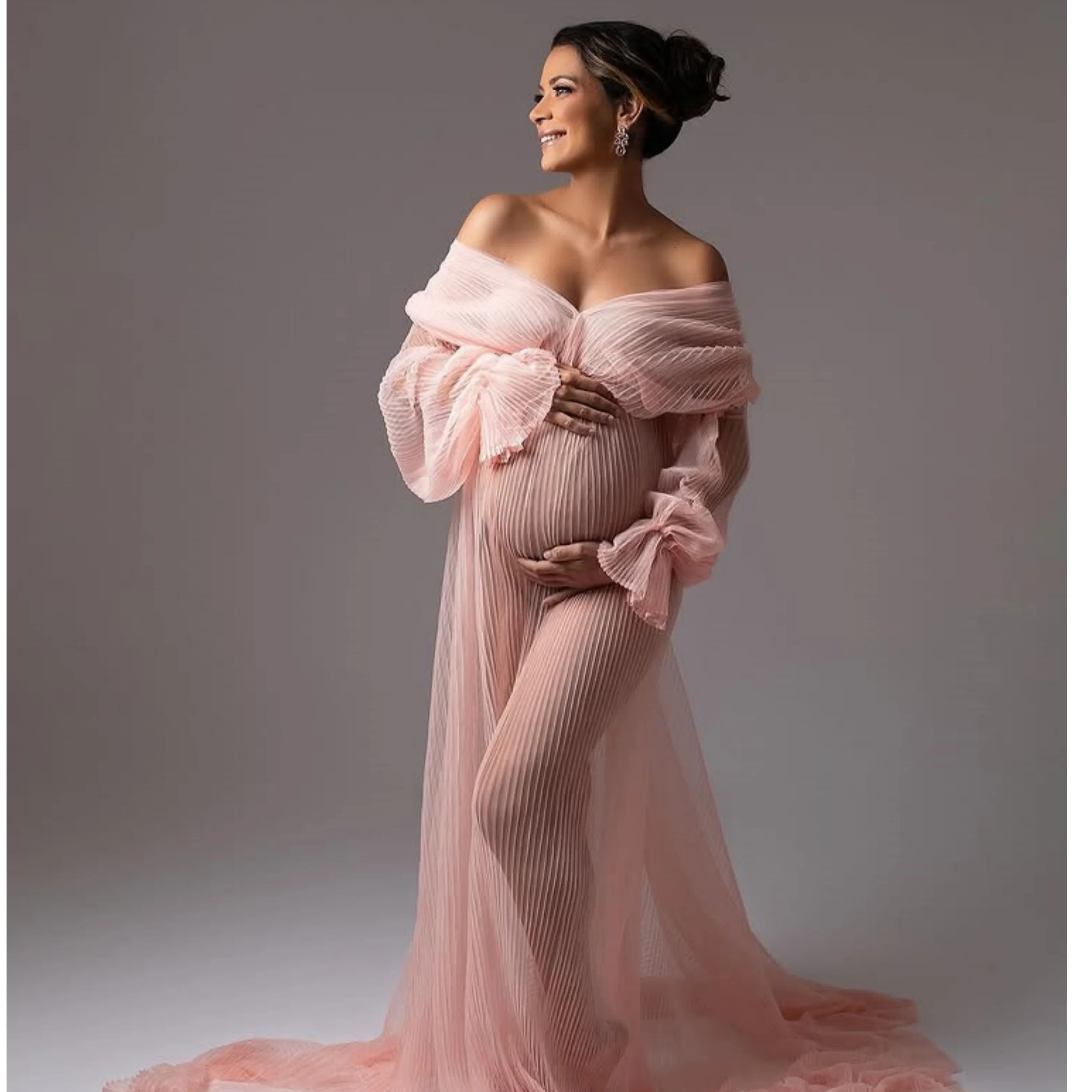 Sexy Pink Maternity Dress for Pregnancy Sheer Off Shoulder  Full Sleeves Photo Gala Dresses Pleat Babyshower Gowns Customized