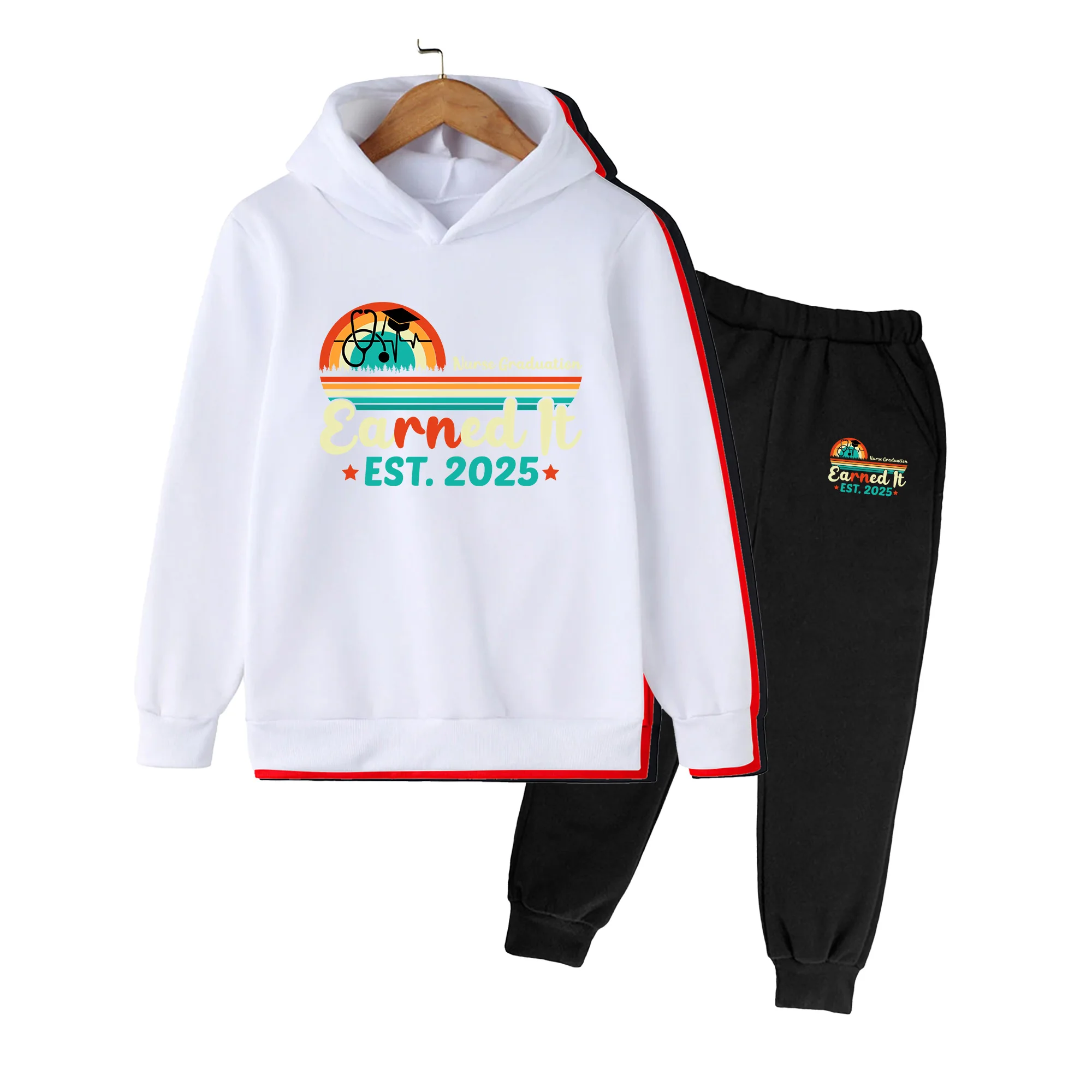 Nurse Graduation Earned It EST.2025 Print Kids Hoodie & Pants Set, Retro Style Casual Outfit for Boys Girls
