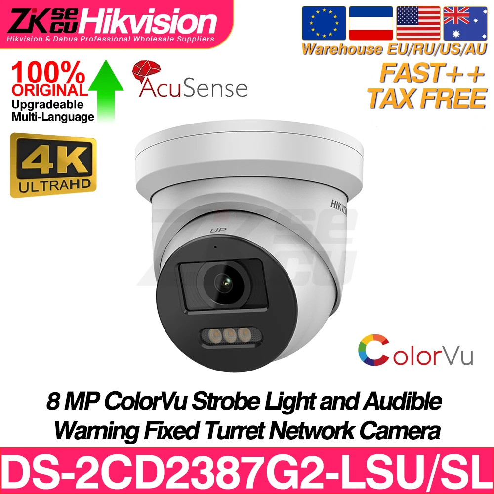 Hikvision Color IP Camera DS-2CD2387G2-LSU/SL 8MP 4K ColorVu F1.0 Strobe Light&Audible Warning Acusense Smart Event 2-way Audio