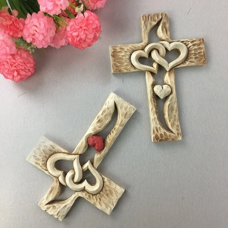 

Carved Wood Cross with Hollow Intertwined Hearts Gift Decorative Spirituality for Church Wall Decor Tabletop Home Graduation