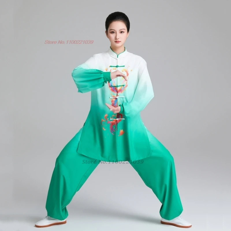 2026 chinese tai chi uniform wushu taiji morning exercise tops+pants set phoenix print stage performance kungfu tai chi set