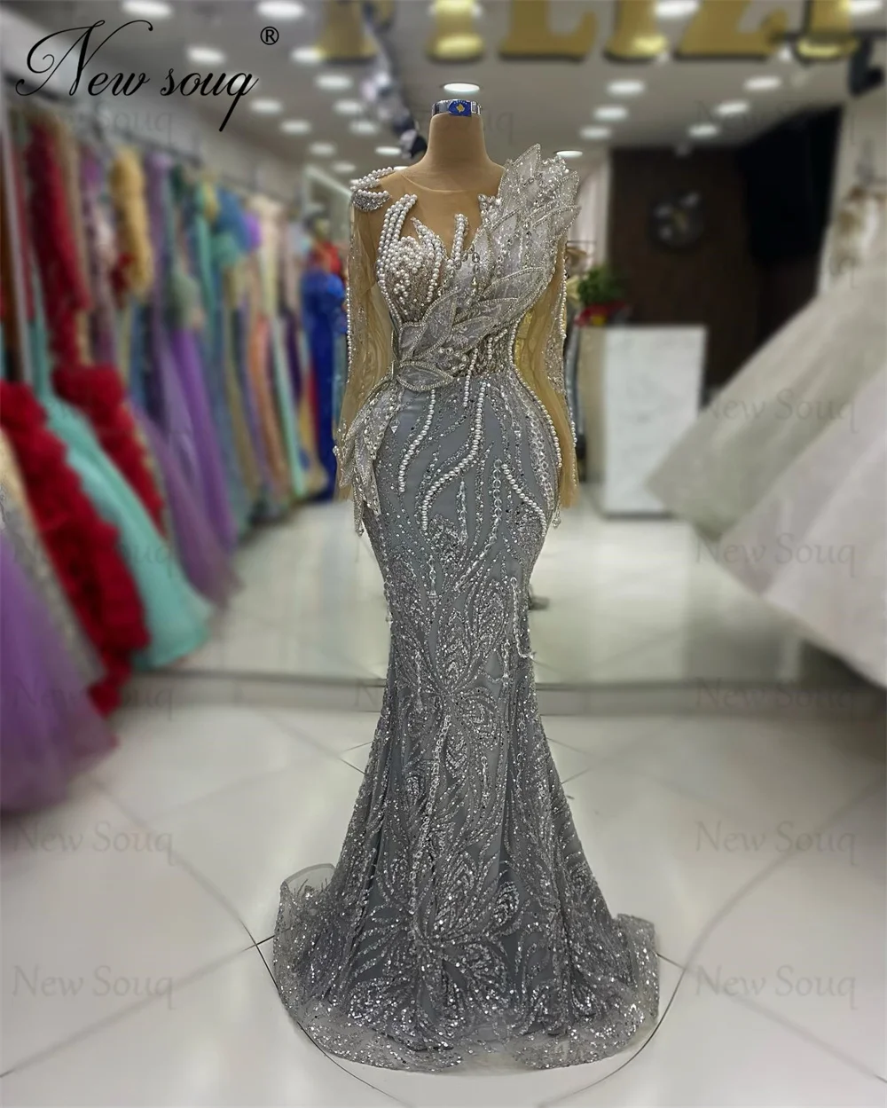 Mulheres Elegantes Pérolas Pérolas Vestidos De Noite, Vestidos De Festa De Casamento, Custom Made Sheer Net, Vestidos De Noivado De Aniversário, Nova chegada