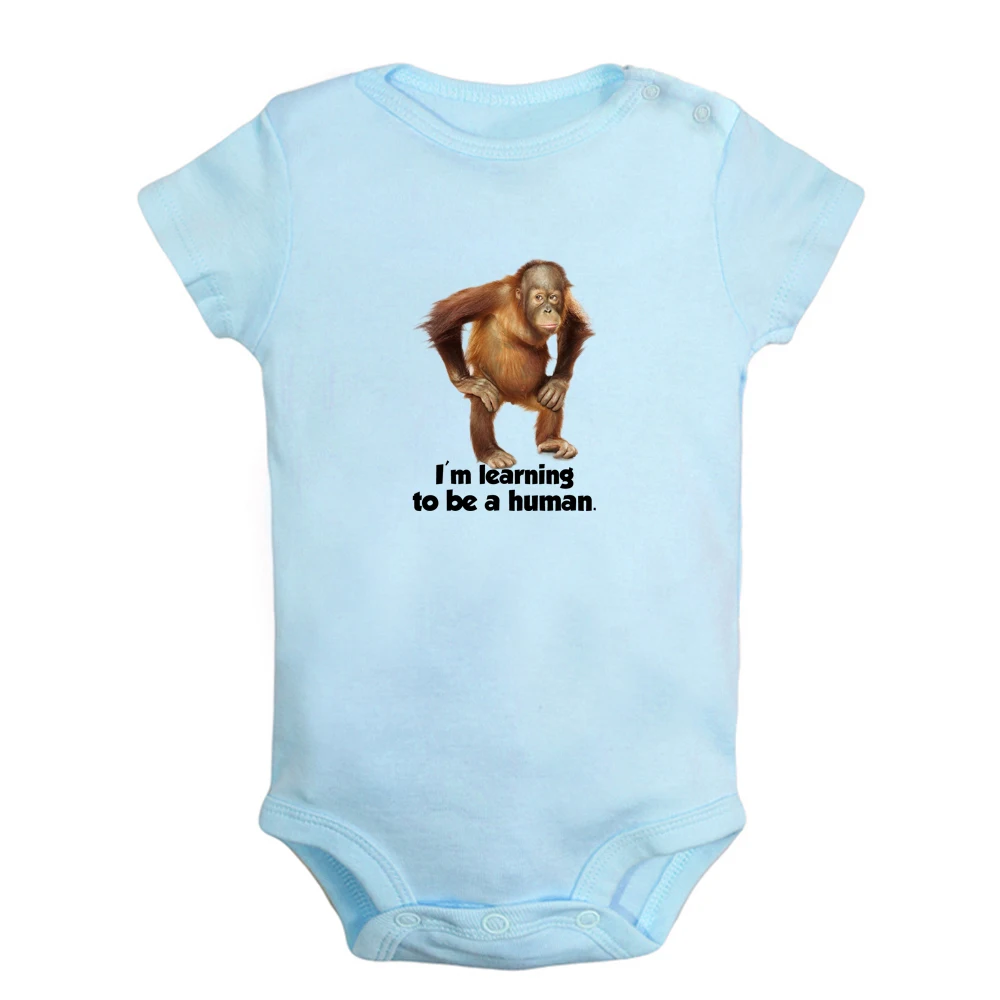 I'm Learning to Be a Human Cute Little Orangutan Baby Rompers Baby Boys Girls Fun Print Bodysuit Infant Short Sleeves Jumpsuit