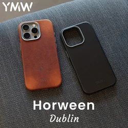 YMW Horween Dublin Genuine Leather Case for iPhone 16 / 15 Pro Max Luxury Business Vegetable Tanned Cowhide Phone Cover