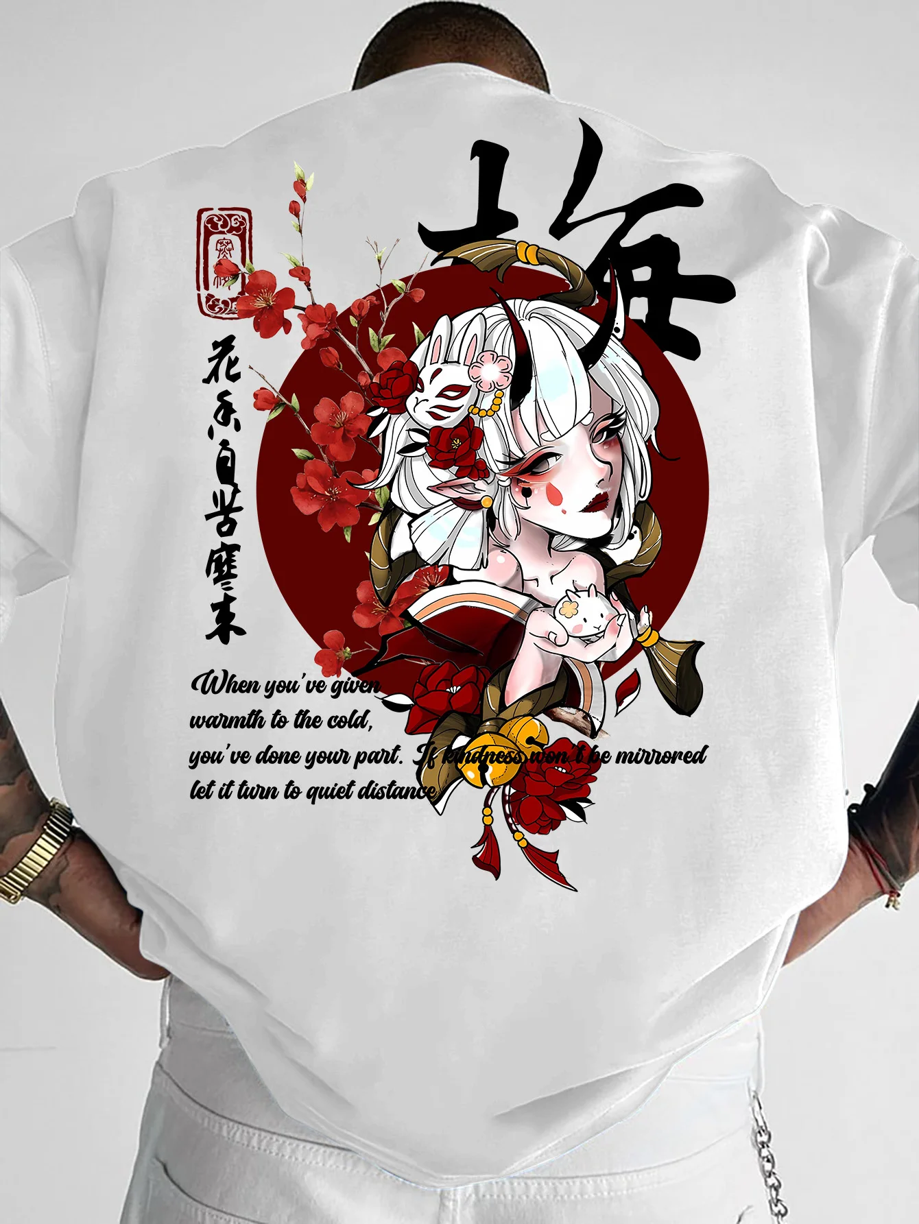 Summer Men's T-shirt with A Cute Anime Romantic Style Fox Mask Cherry Blossom Pattern 100% Cotton Loose Comfortable Breathable.