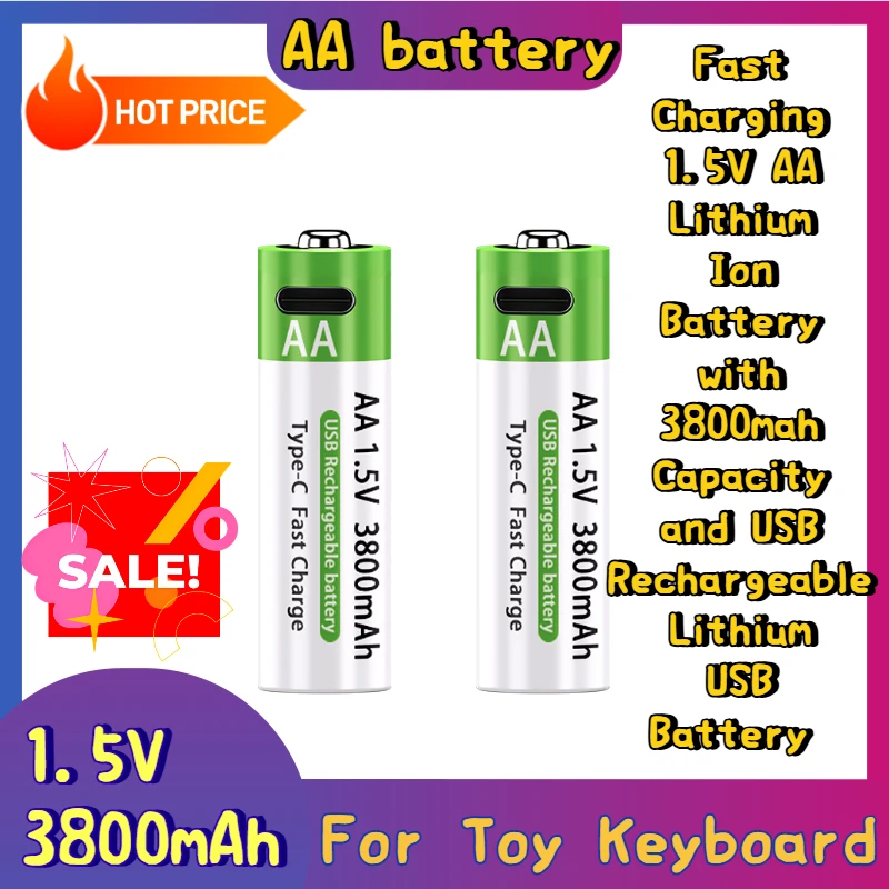 Fast Charging 1.5V AA Lithium Ion Battery with 3800mah Capacity and USB Rechargeable Lithium USB Battery for Toy Keyboard