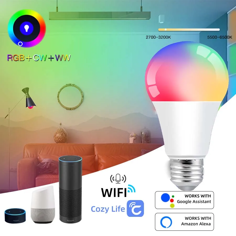 

E27 LED Smart Bulbs 12/15/18W WiFi RGB Light Bulb Home Bedroom Lighting Alexa Google Assistant CozyLife APP Voice Control