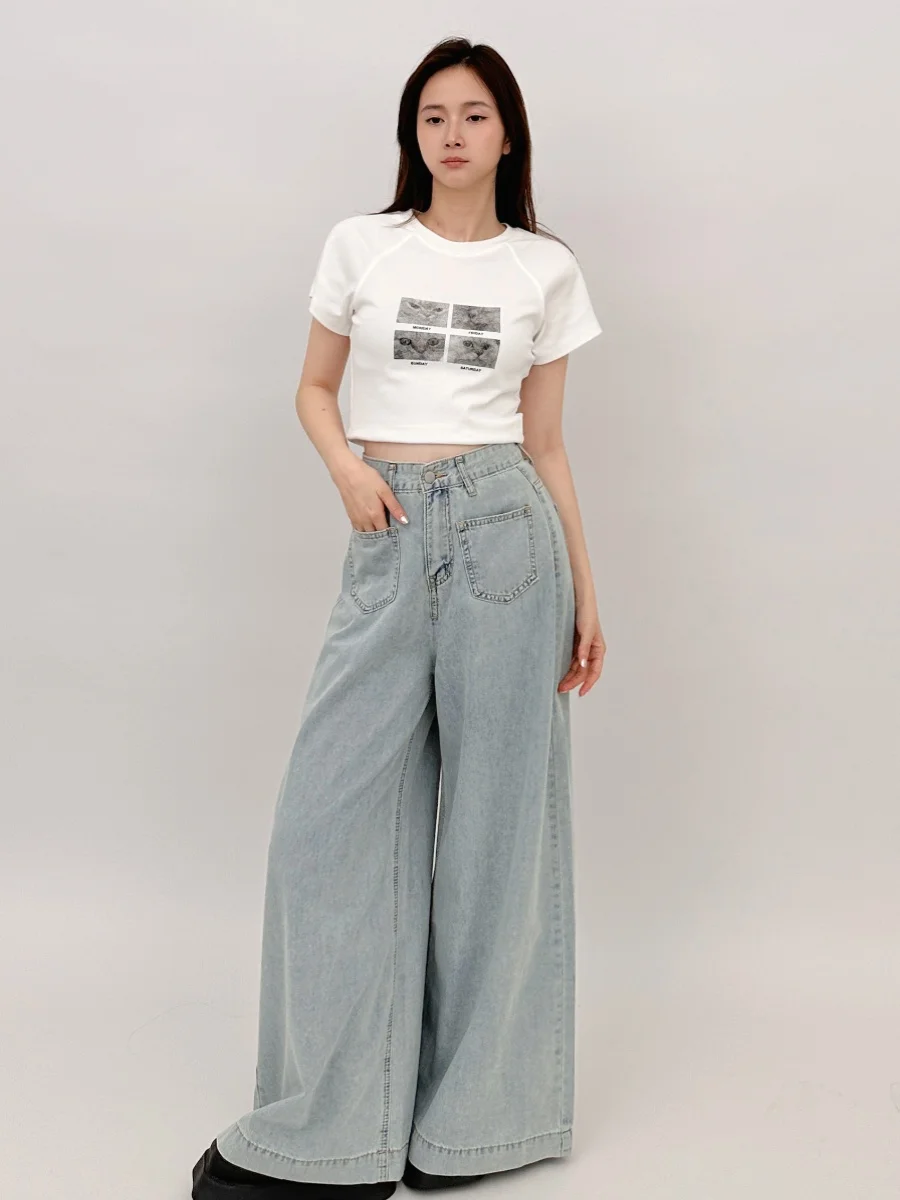 

Джинсы с высокой талией и широкими штанинами для женщин, облегающие, тонкие, длинные брюки, летние, охлаждающие, из хлопкового стрейч-денима, свободного кроя