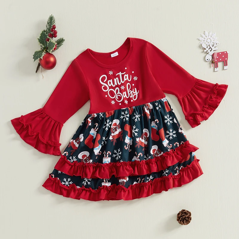 Little Girl Christmas Dress Letter Reindeer Print Round Neck Flare Sleeve Tiered Ruffle Dress for Daily School Party