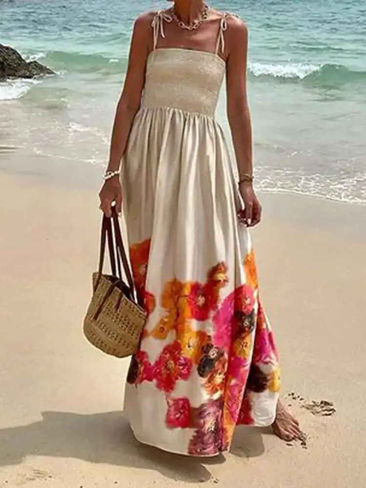 فستان حفلات أنيق بدون أكمام مطبوع عليه حزام سباغيتي للسيدات لصيف 2025، فستان ماكسي بسيط جديد بدون ظهر