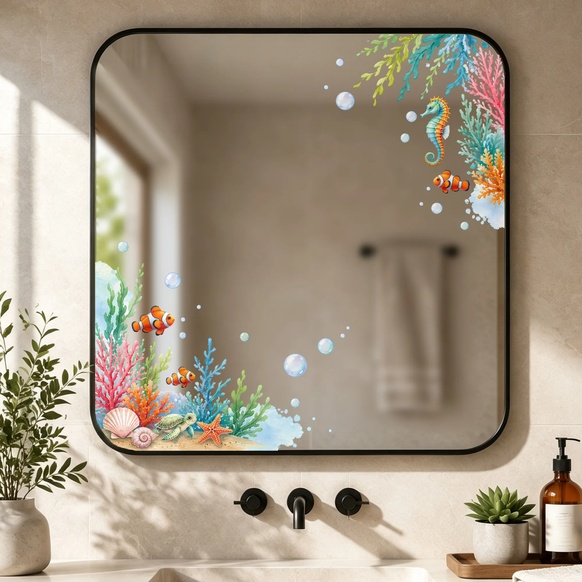 Watercolor Underwater Ocean Mirror Corner Decal - Peel and Stick Removable Vinyl Sticker  Waterproof Bathroom Vanity Decor