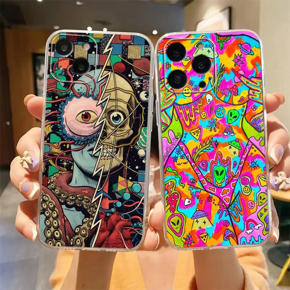 Clear Phone Case For iPhone Apple 14 12 13 Mini 11 Pro SE 8 7 6 6S Plus X XR XS Max SE Case Funda Capa Shell Indie Hippie Art