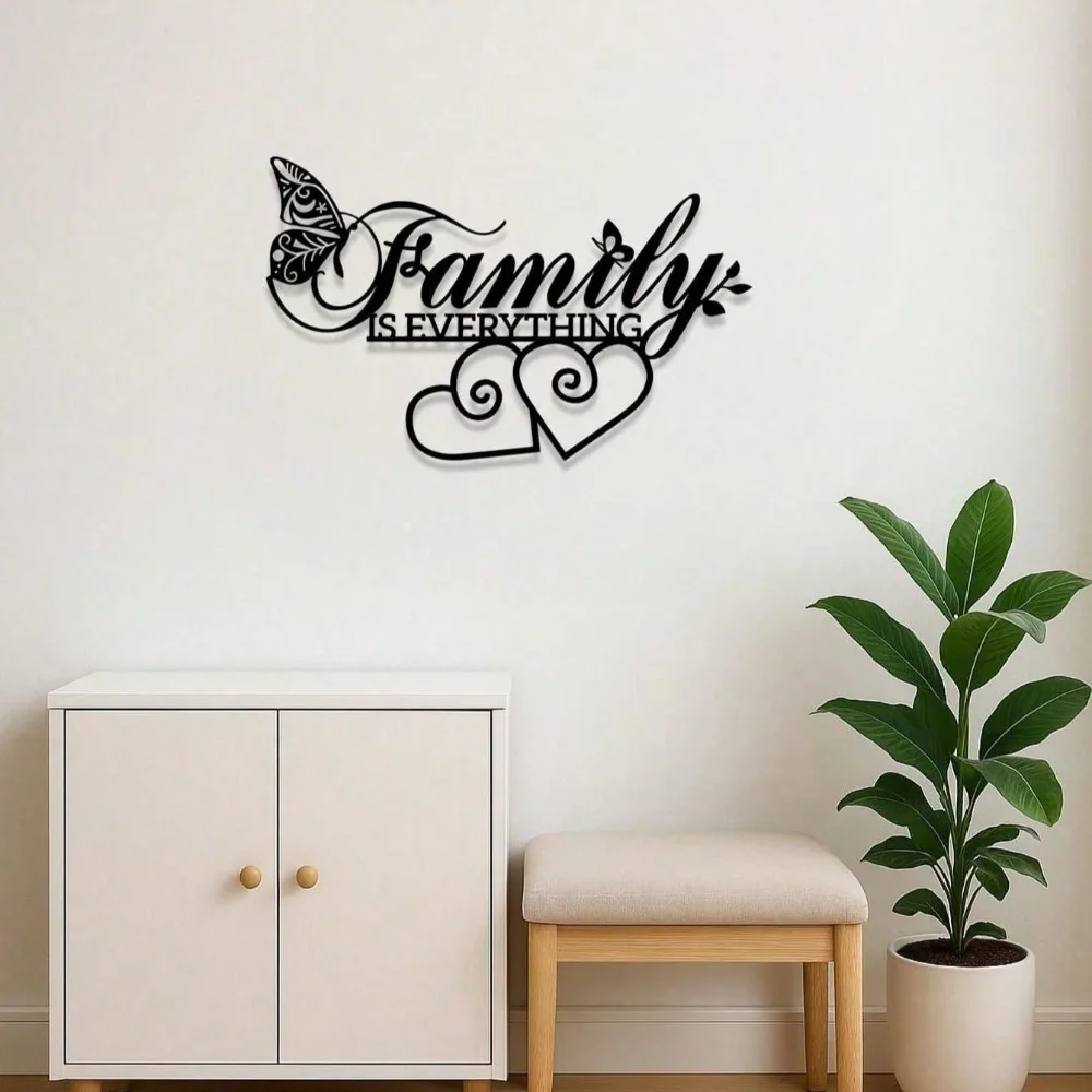 قطعة واحدة من لوحات الحائط "الأسرة هي كل شيء" المعدنية السوداء، لافتة نصية بسيطة، ديكور ملهم لغرفة المعيشة وغرفة الطعام #4