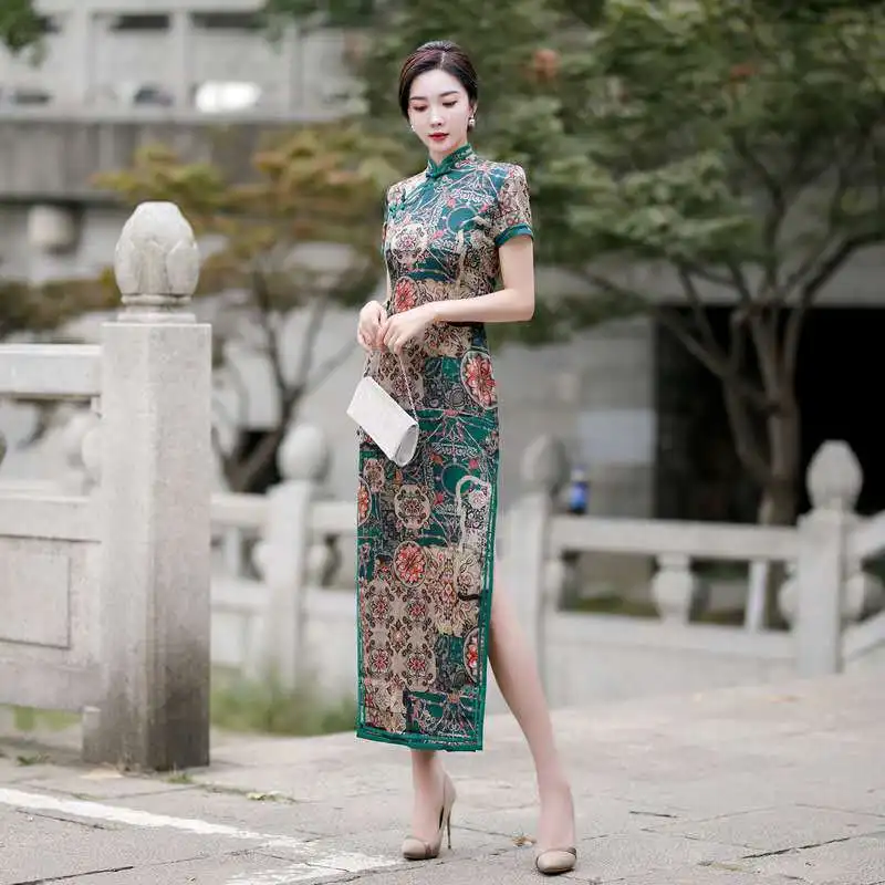 Fashion Chinese Dress Women Casual Qipao Long Slim Dresses Sexy Split Cheongsams Vintage Slip Button Mandarin Collar Vestidos