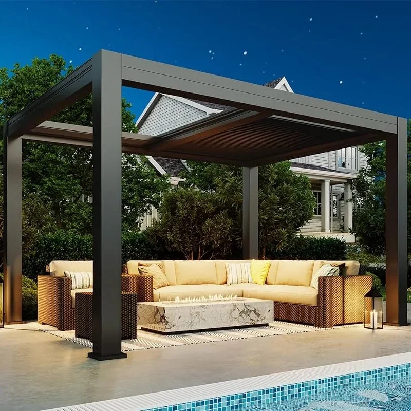 Pergola Solid Gardenline Design 10x12 Aluminum Construction Fixed Roof System All Weather Balcony Use LED Lighting