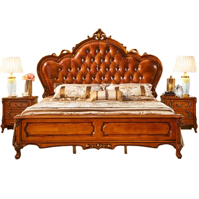 

American solid wood bed, European leather bed, luxury retro