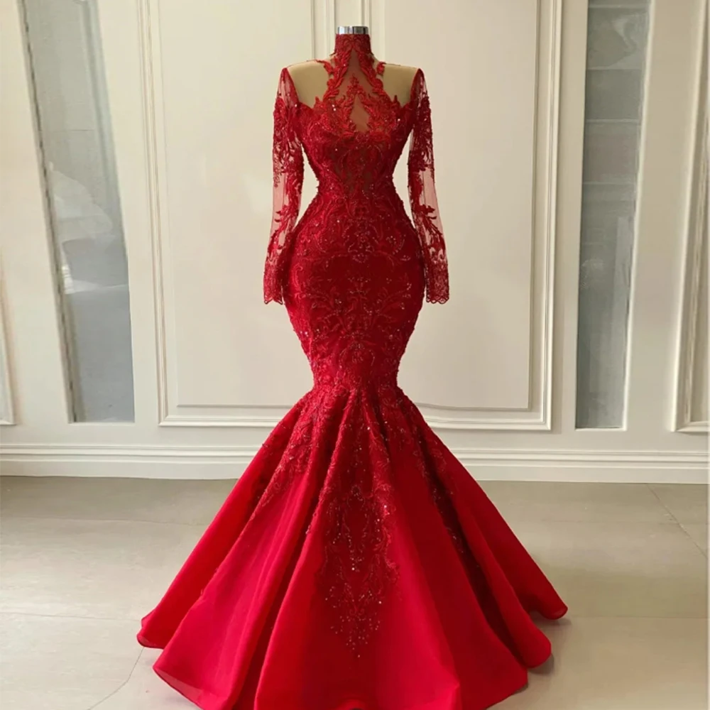 Luxury Women's Lace Evening Dresses Mermaid Long sleeved High Collar Princess Prom Gowns Arab Dubai Formal Beach Party Robe De