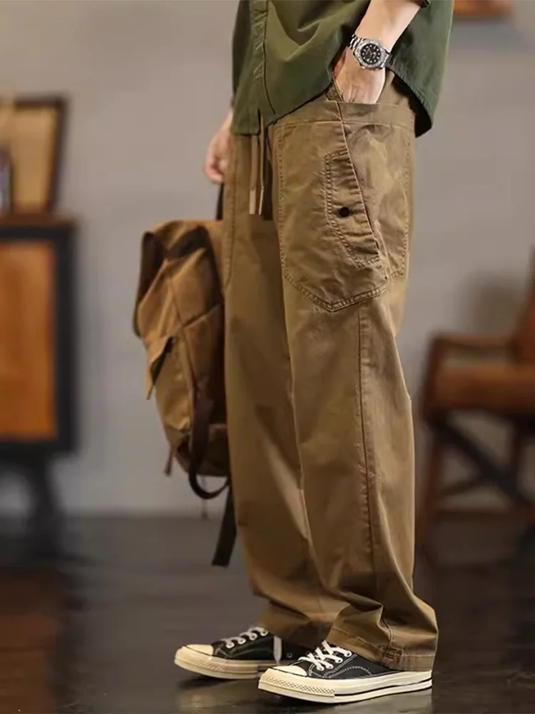 

Hong Kong Trendy American Retro Men's Straight Casual Pants Spring Summer Thin Pure Cotton Workwear Trousers with Big kets