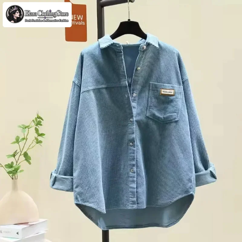Women Casual Button Up Shirt Ribbed Texture Point Collar Long Sleeves Drop Shoulder Loose Fit Chest Pocket Design Autumn Winter