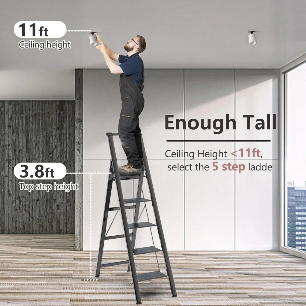 سلم 5 درجات قابل للطي مع دواسة مضادة للانزلاق وواسعة للاستخدام المنزلي والمطبخ لتوفير المساحة (أسود)