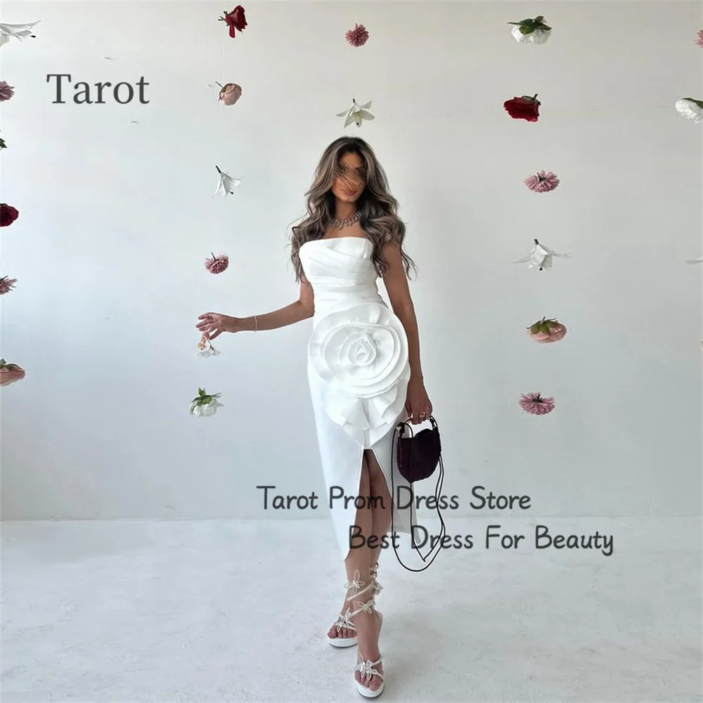 

Tarot Big Handmade Flower Saudi Prom Dresses Strapless Sheath Satin Front Slit Formal Evening Dress Tea Length فساتين سهرة