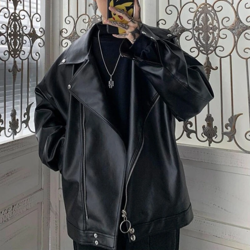 

Men's Loose Fit PU Leather Jacket Hong Kong Style Cool Biker Jacket Youthful Pilot Casual Outerwear Fashion Streetwear