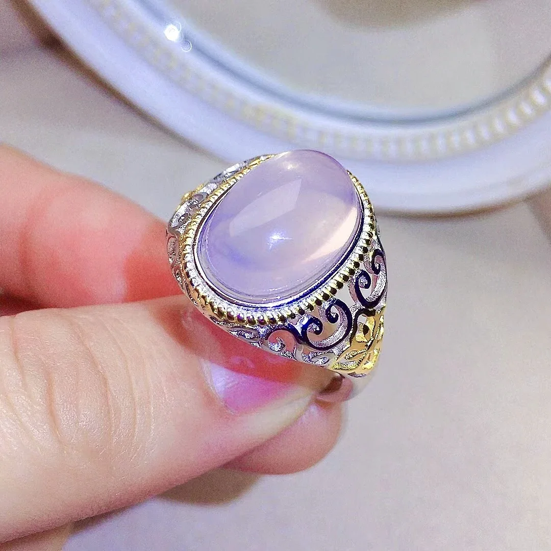 خاتم كوارتز وردي فاخر 10 مللي متر * 14 مللي متر 6ct كوارتز وردي طبيعي 925 خاتم فضة 18K طلاء الذهب مجوهرات كوارتز وردية