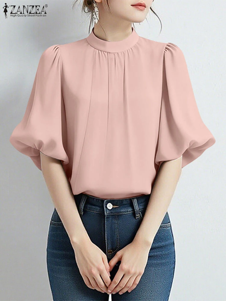 

ZANZEA Elegant Women Blouses 2025 Fashion Stand Collar 3/4 Puff Sleeve Gathered Solid Color Tops Designer Chic Woman Clothes 3XL