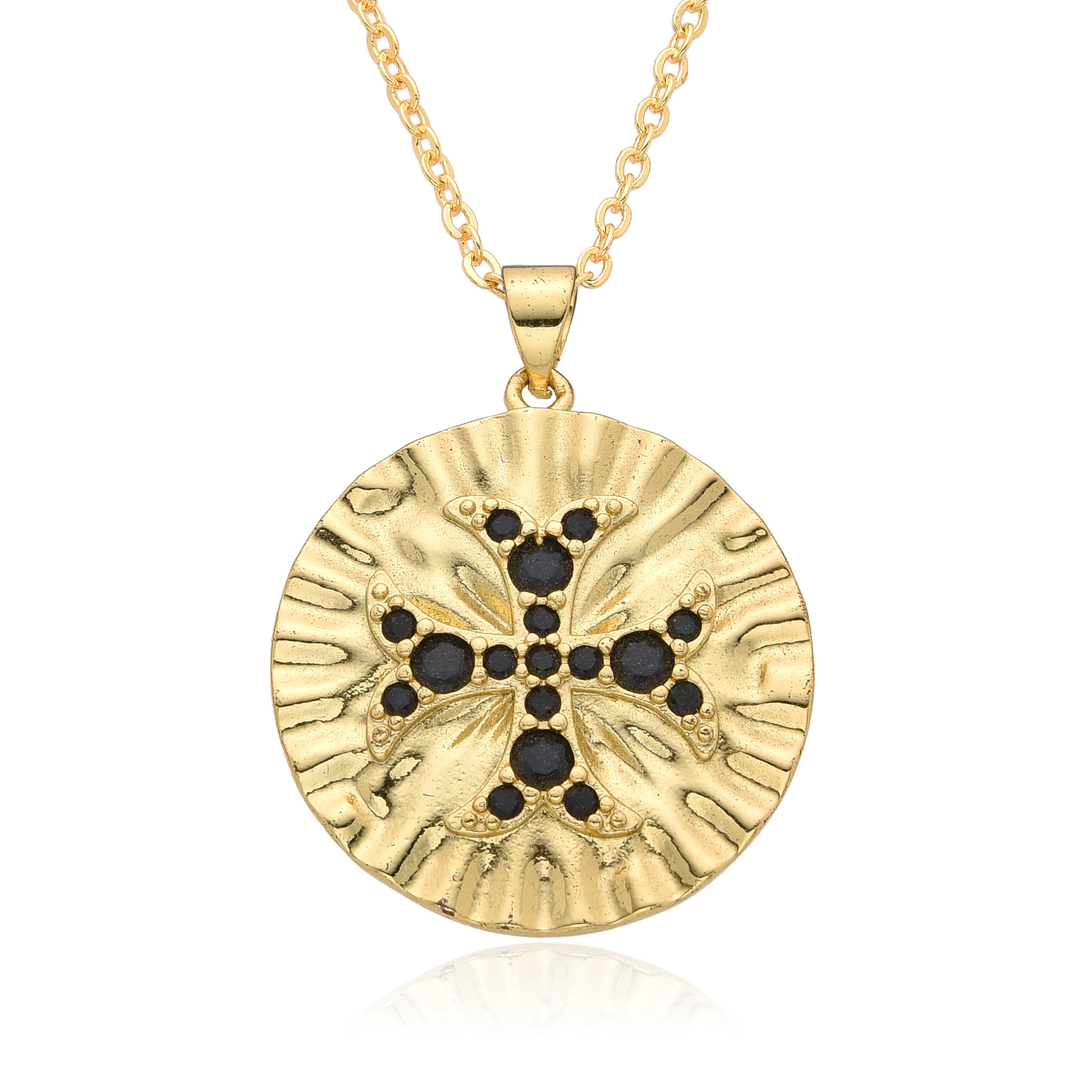 Gold Color Round Coin Sun Charms Micro-inlaid CZ Necklace for Women Cross Choker Chain Pendant DIY Jewelry Accessories Wholesale