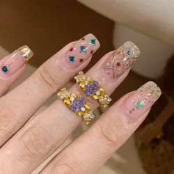 Foydjew French Style Retro Geometric Design Gold Color Rings Inlaid Ice Flower Purple Zircon Ring Women's Banquet Party Jewelry