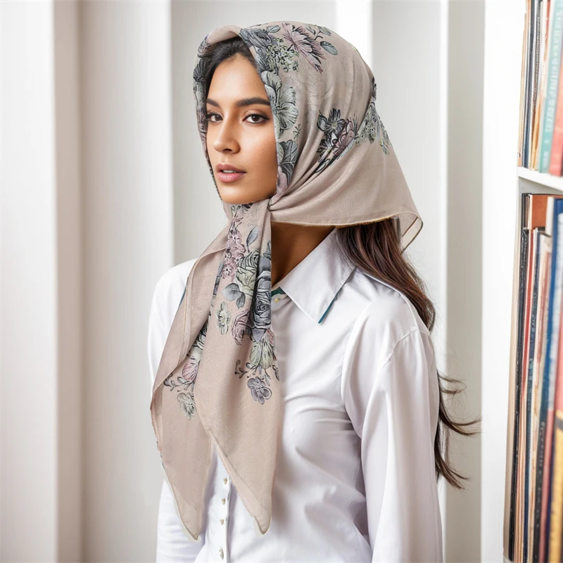 New Muslim Square Hijab Scarf Print Turban Thick Cotton Hair Bonnet Night Cap For Sleeping Elastic Sunscreen Bandana 90x90cm view 5