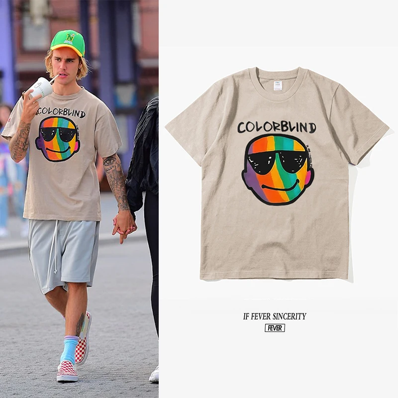 Colorblind Street Short-sleeved T-shirt Men Women All-match Bottoming shirt Trend Justin Bieber Same Smiley Sporty Cotton Top