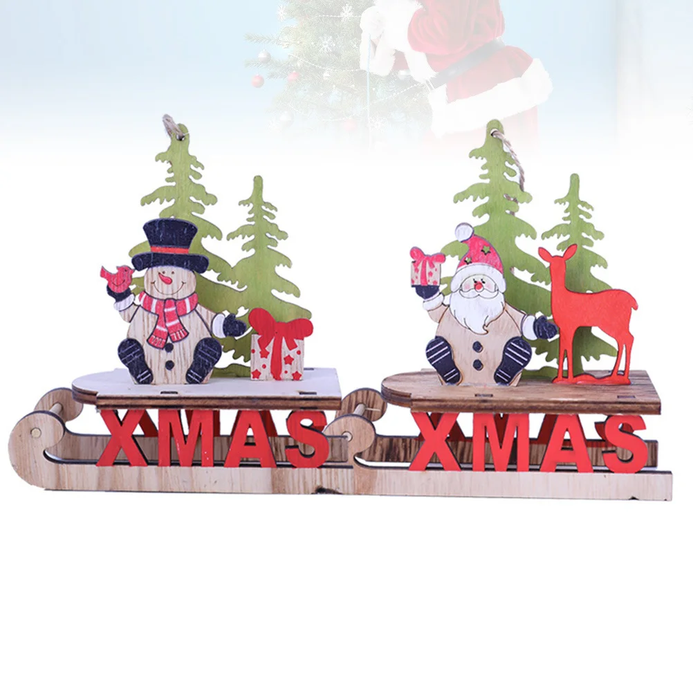 

2pcs Wooden Sled Christmas Ornament Desktop Decor For Holiday Party Home Office Xmas Accessory Festive Snowman Santa Theme