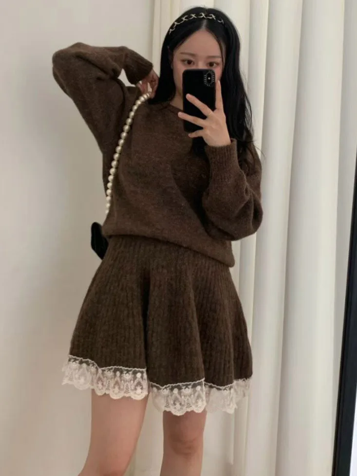 

Soft Lace Trim Knitted awl Sweater Two-Way Wear f Skirt Set High Elastici Warm Thiened Long Sve round Ne Top