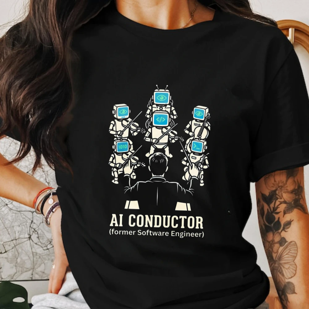 Funny AI Conductor T-Shirt Tech Humor and Gift for Software Engineers Fashion Artificial Intelligence Developers Cotton Men Tees