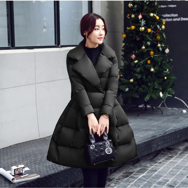 Winter parkas women cotton jacket fashion A-line Down cotton jackets Thick warm long Slim female Bow Big swing cotton coats N247