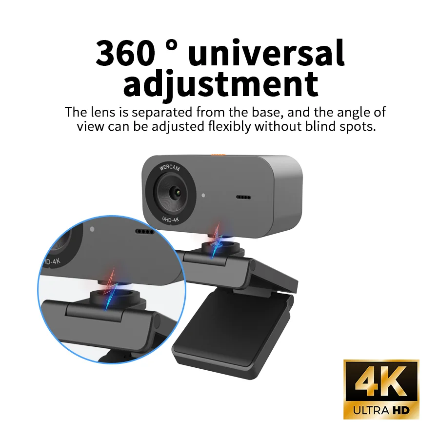 4K Ultra HD Webcam with Privacy Cover, Autofocus, 360° Adjustable, USB Plug and Play for Video Conference, Live Streaming