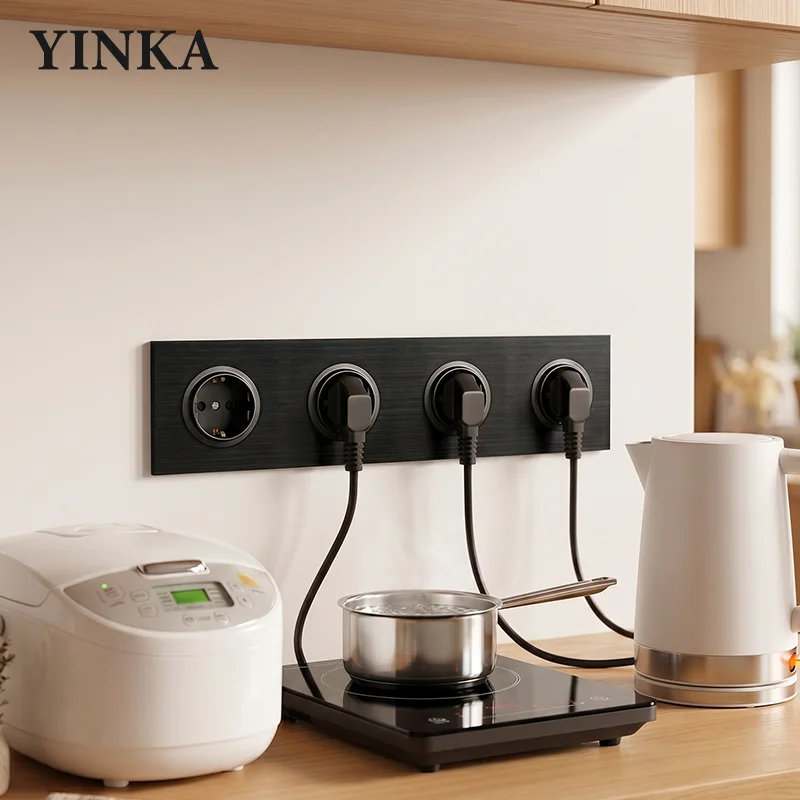 YINKA Black Brushed Aluminum Wall Socket EU Schuko 16A EU/FR Standard 1-5 Gang Power Outlet Wall Socket Mounted Durable