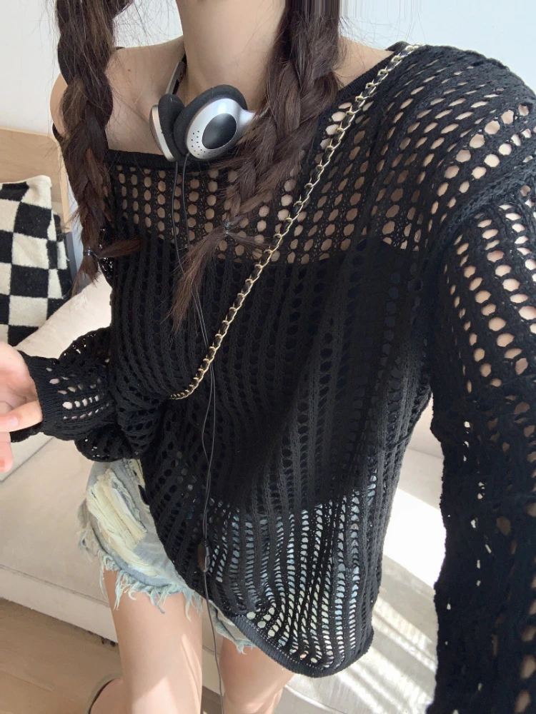 Pullovers Women Lazy Style Sun-proof Knitted Hollow Out Korean Fashion Sweet Sexy Girls Thin Long Sleeve Summer Streetwear Baggy