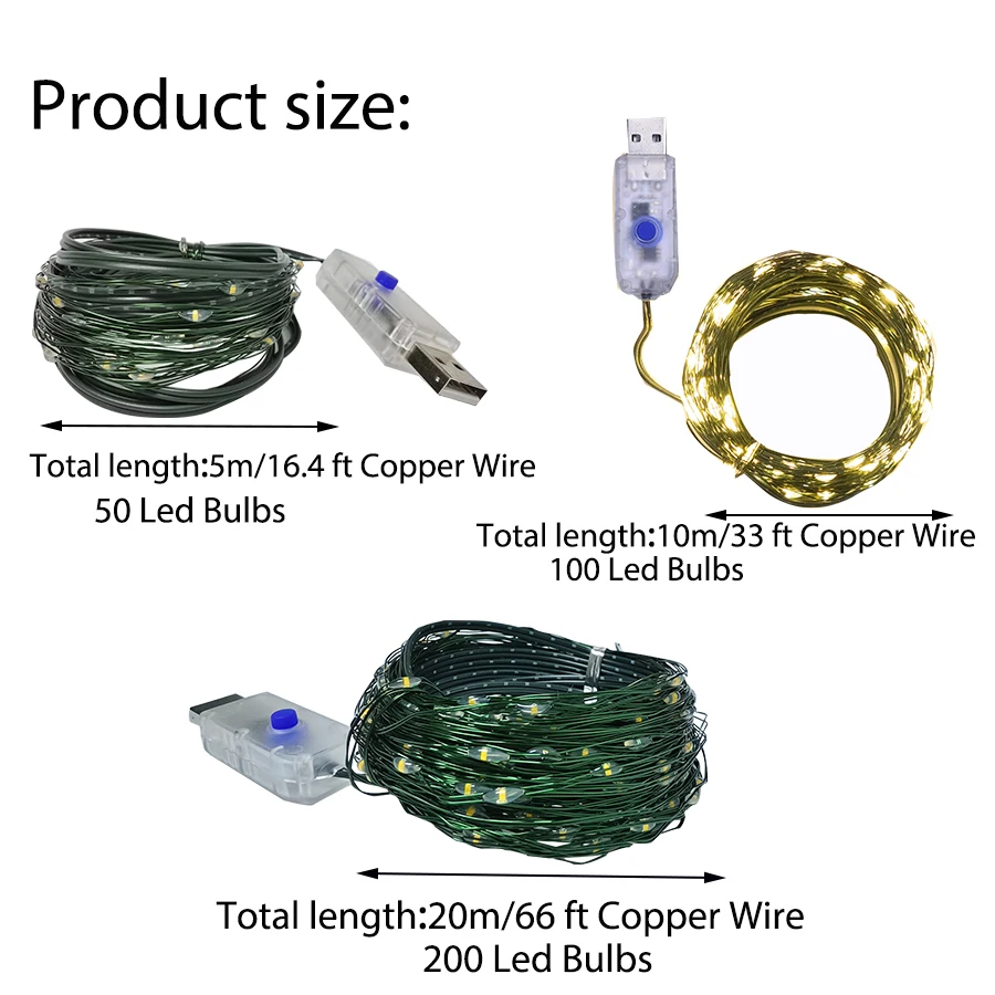 5/10/20m LED ライトストリングフェアリーライト USB 8 モード銅グリーンワイヤー寝室ガーデンパーティー結婚式クリスマスツリー装飾用