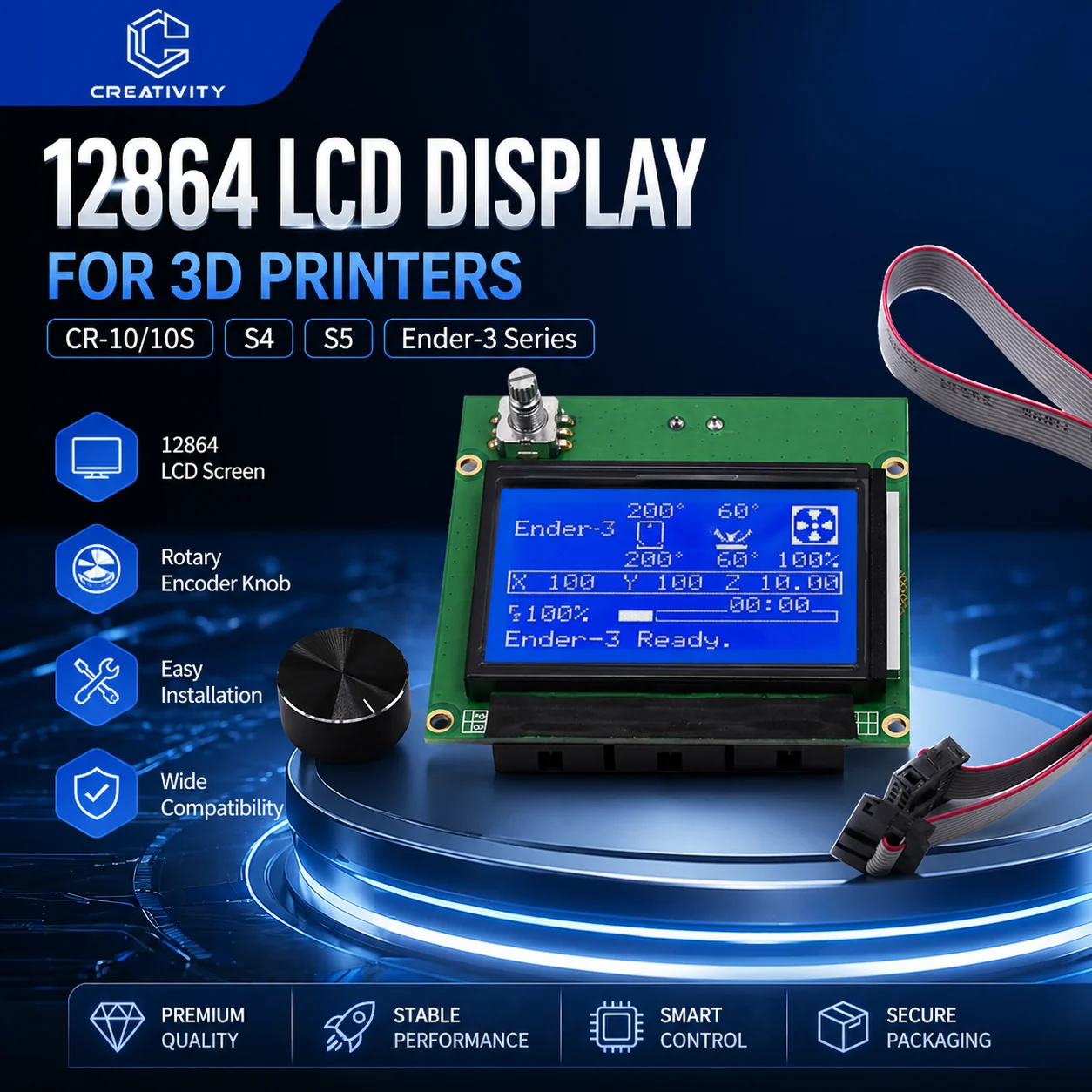 12864 LCD-Bildschirm 3D-Drucker-Teile Display RAMPS Smart Blue Control Panel Board mit Kabelzubehör für Ender -3/CR-10