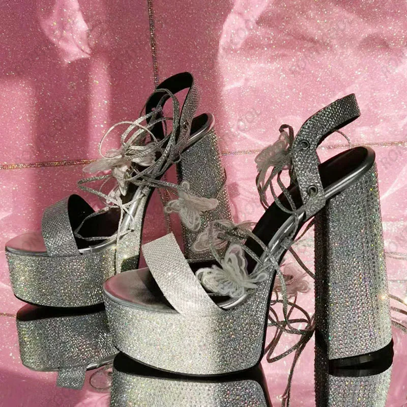 

Olomm New Arrival Women Summer Sandals Sexy Crystal Block Heels Peep Toe Gorgeous Silver Night Club Ladies Shoes US Size 5-20