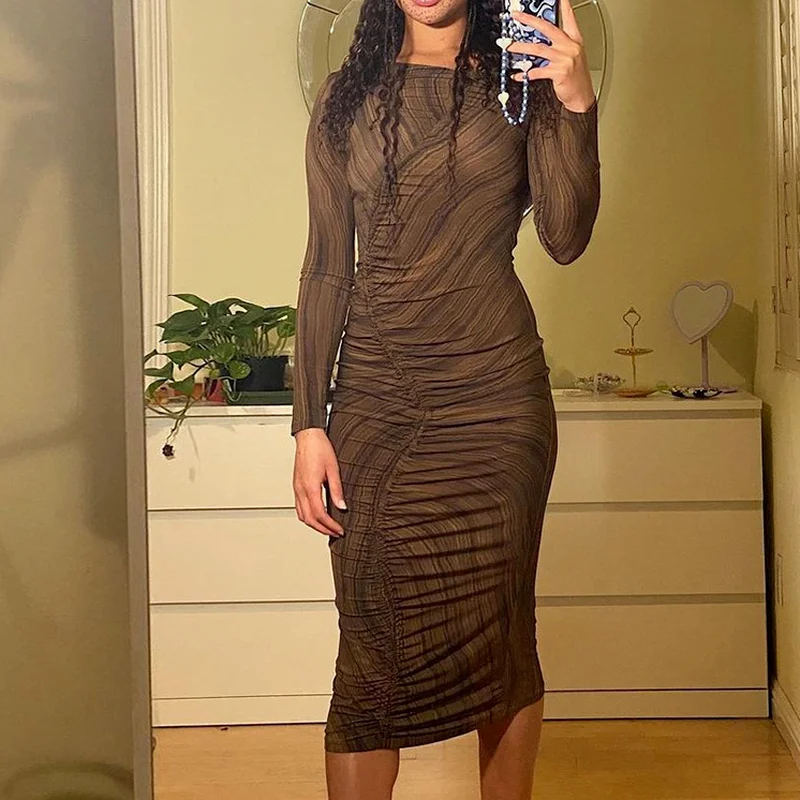 Ladies Y2k Aesthetic Bandage Stretch Skirt Striped Print Retro Dress Long-sleeved Square Collar Slim-fit Hip Dress Women 2024