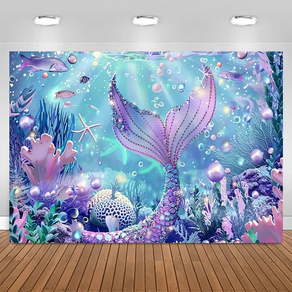 حورية البحر تحت البحر للأطفال حفلة عيد ميلاد خلفية تحت الماء العالم القلعة موضوع التصوير خلفية استحمام الطفل راية ديكور