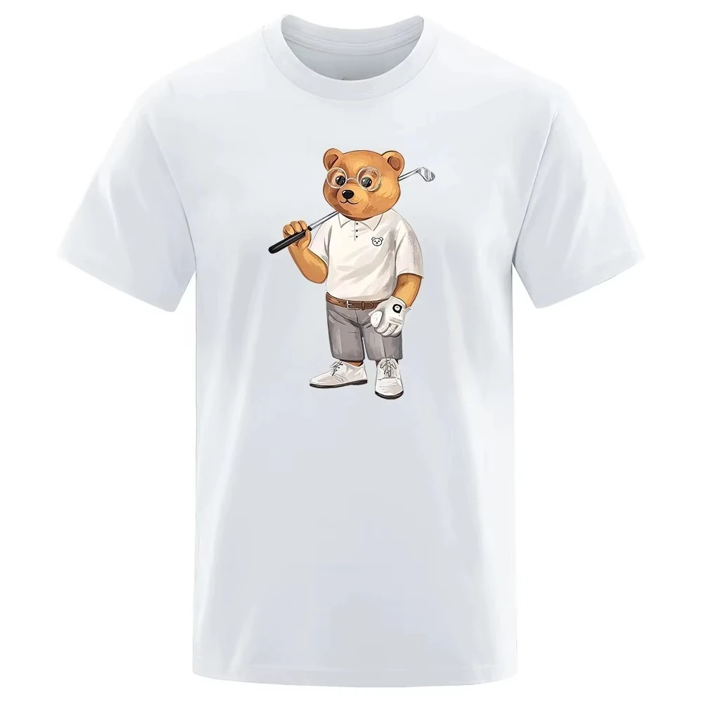 

Summer Hip-hop Style Gentleman Teddy Bear Golf Print Casual Daily Top Fashion Men's and Women's Same Short-sleeved T-shirt Top