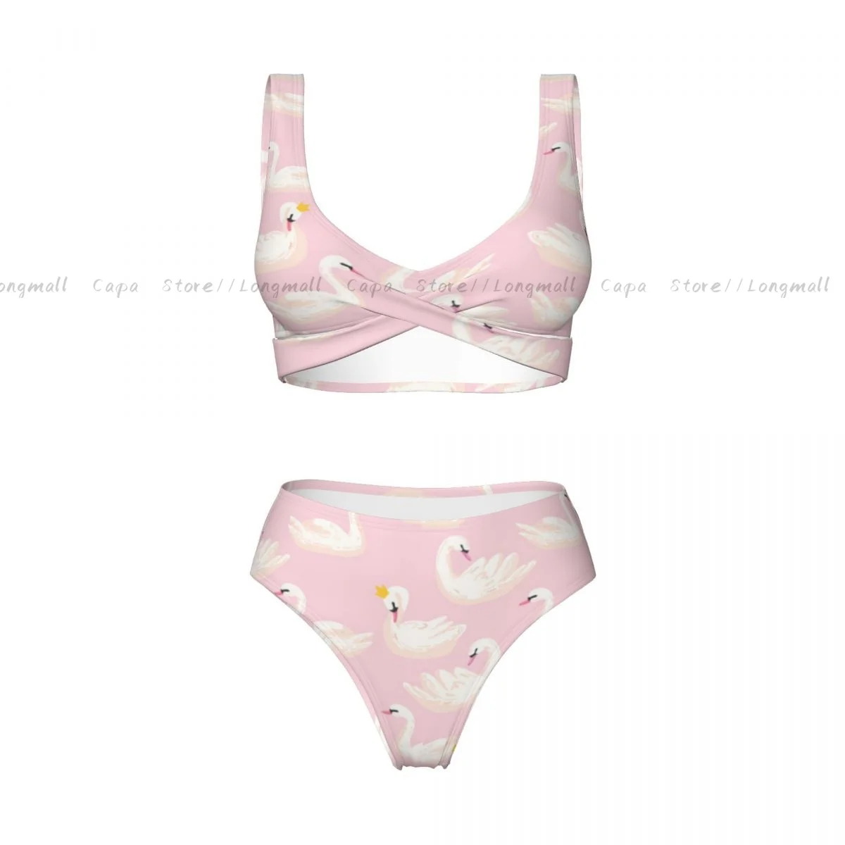 Verão feminino com decote em v conjunto de biquíni branco cisnes em coroas impressão banho feminino 2 peça praia maiô